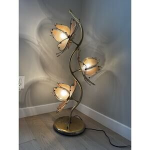 1970s Decorative Table Lamp Lotus Flower Italian Design Gold Metal Crystal RARE